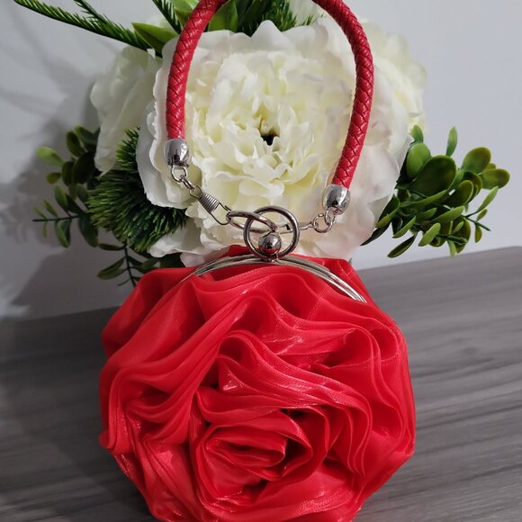 Prom / Wedding Red Rose Satin Clutch Elegant Floral Evening Bag w/ Handle - Picture 4 of 12